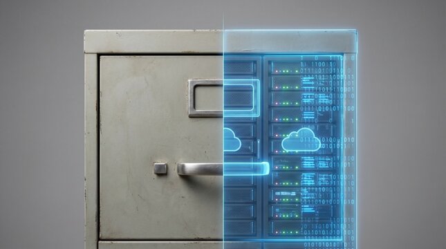 Old filing cabinet transforming into a modern digital cloud server rack