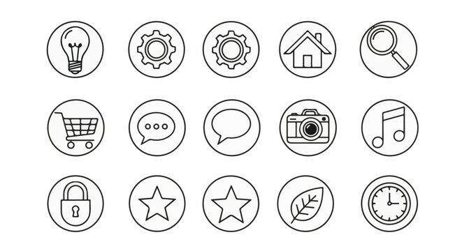 Set of simple line icons inside circles representing ideas, settings, home, search, shopping, communication, media, and nature
