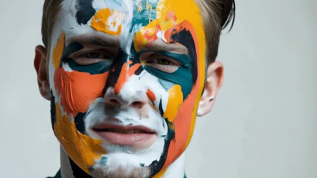 Young man with his face covered in colorful abstract paint turning his head to look at the camera and making different expressions in a creative artistic concept on a clean studio background