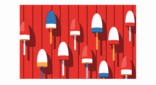 Red background with a pattern of numerous colorful buoys