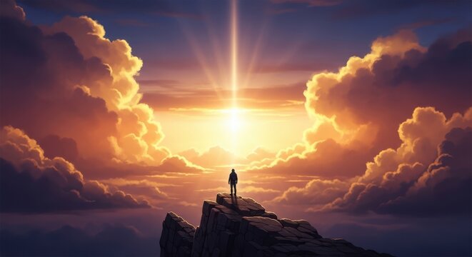 Silhouette of a person standing on a rocky cliff overlooking dramatic sunset sky