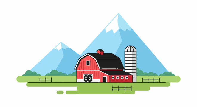 Red barn with silo and snow-capped mountains in background