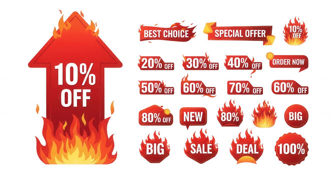 Collection of red flaming discount tags and sale labels with percentage off text, including arrow and circular shapes on black background