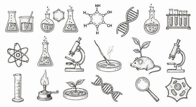Scientific research icons lab equipment, DNA, molecule, atom, plant, mouse