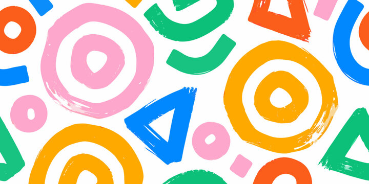 Abstract geometric shapes with rough brush texture colorful circles and triangles on white background