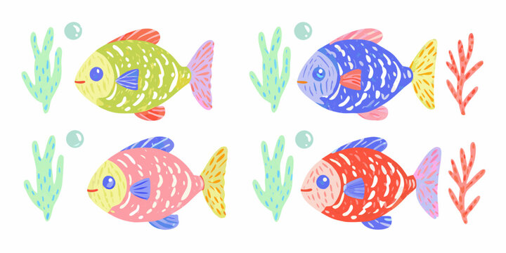 Colorful fish illustrations with imperfect brushstrokes and aquatic plants on a white background high quality