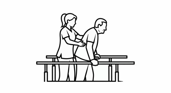 Rehabilitation exercise with caregiver assistance on parallel bars