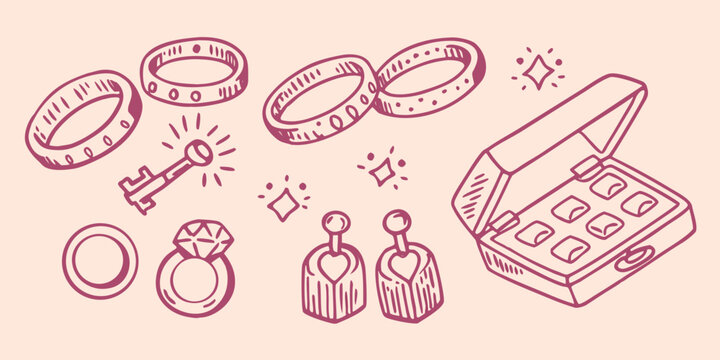 Hand drawn jewelry collection with vintage key and open safe on pink background high quality