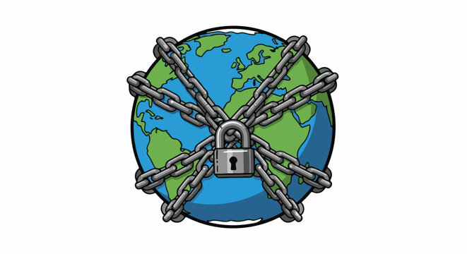 Planet Earth is locked and chained, symbolizing confinement or protection