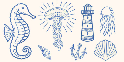 Line drawing illustration of a seahorse jellyfish lighthouse and seashells on a beige background © Lalin