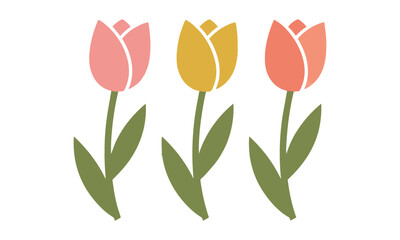 Obraz premium Three stylized tulips with elegant stems and leaves in soft pink yellow and coral isolated on white background spring floral design concept