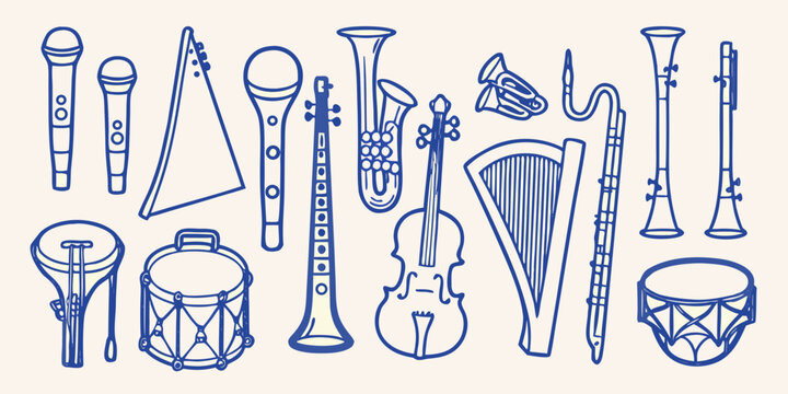 Collection of musical instruments in a linear doodle style with a light beige background