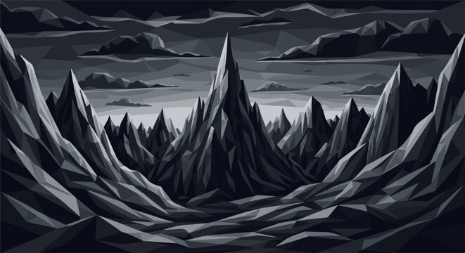 Pixelated, monochromatic mountain range with jagged peaks under a cloudy sky