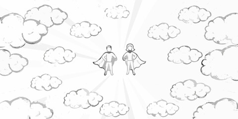 Fototapeta premium Two caped figures standing amidst clouds and radiant light sketch style illustration high quality professional