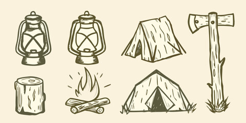 Hand drawn camping equipment set including lanterns tent axe firewood and log high quality professional © Lalin