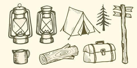 Camping equipment sketch set including lanterns tent and log on a beige background high quality © Lalin