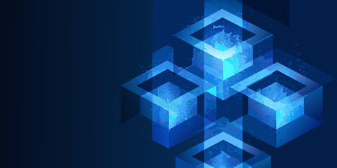 Interlocking blue cubes abstract background with glowing geometric shapes and dark blue gradient high quality © Lalin