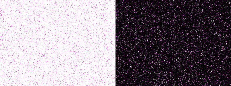 A split background featuring a dense pattern of small pink and white particles on a stark white side and a deep black side
