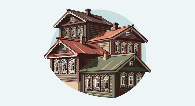 Pixelated cluster of traditional wooden village houses with ornate window frames