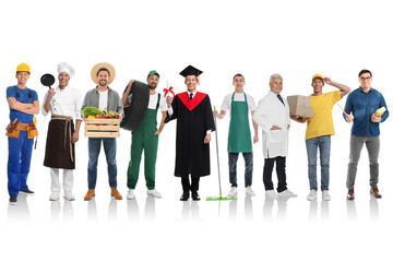 Obraz premium Graduate student and men of various occupations on white background. Choice of profession