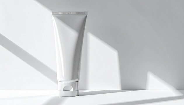 minimalist sunscreen tube on white surface with soft natural light shadows
