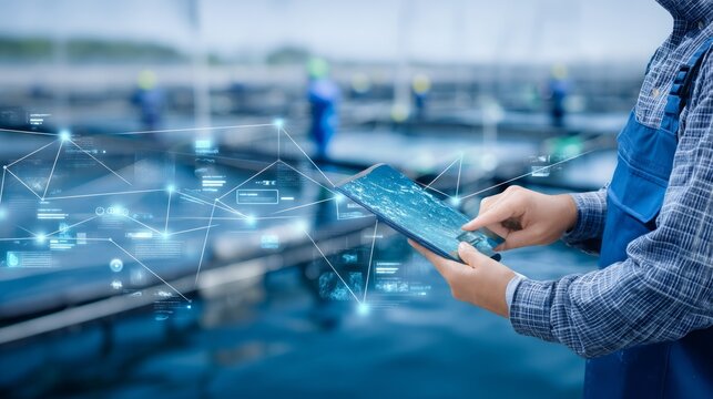 Closeup of Person Using Tablet in Aquaculture Facility Setting