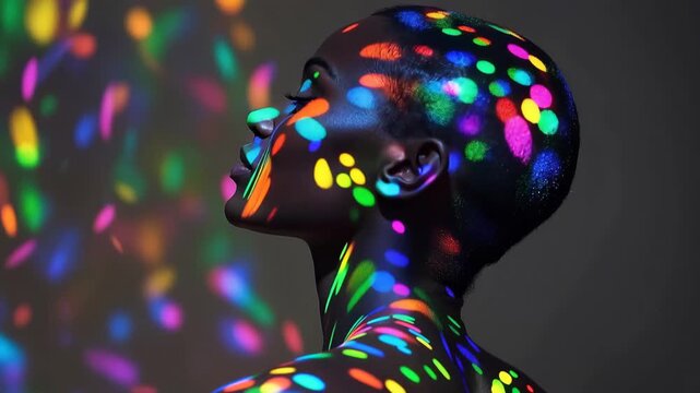 Stunning profile of a serene African woman with her eyes closed, her dark skin illuminated by vibrant, shifting holographic light patterns in a beautiful and artistic abstract display