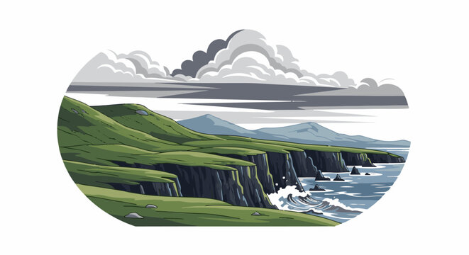 Pixel art illustration of a rugged coastline with green hills and stormy clouds