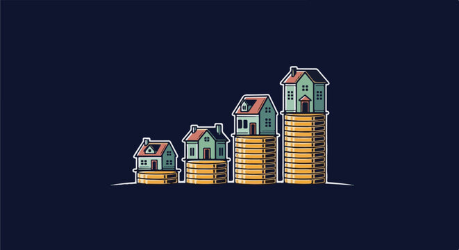 Pixel art homes stacked on increasing piles of coins