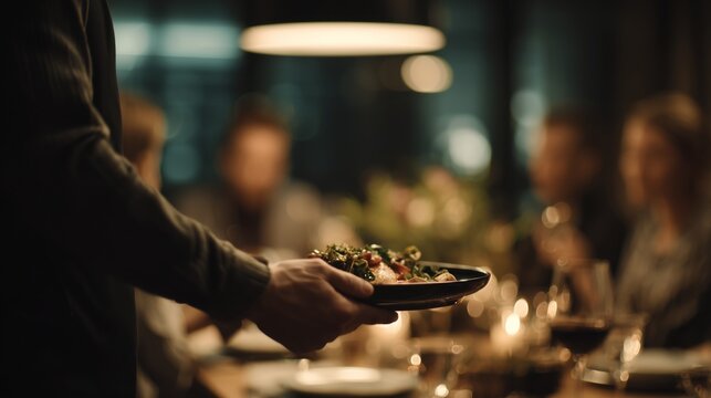 Group enjoys meal together in restaurant at night while a server brings out food for guests