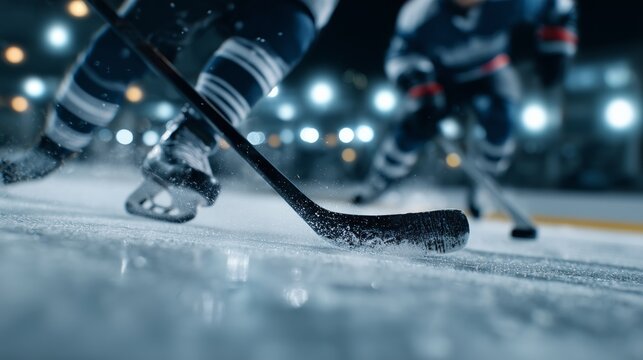 Hockey players skate and battle for puck during game on ice rink in arena at night with bright lights