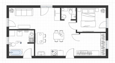 Architectural floor plan of a modern apartment layout. © Sabru
