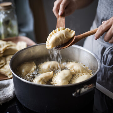 Gef&uuml;llte Teigtaschen im hei&szlig;en &Ouml;l &ndash; Pelmeni/Maultaschen, K&uuml;che, Kochen, osteurop&auml;isch & mediterran inspiriert, hausgemacht, knusprig, Foodfotografie, Copyspace