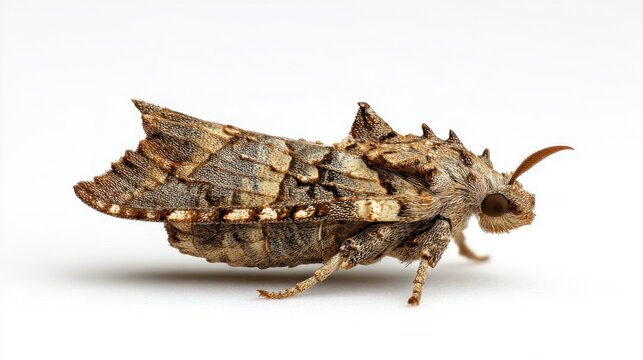 Detailed macro view of bagworm moth insect isolated on white background showcasing unique textured wings natural camouflage and fascinating entomology subject