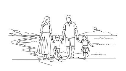 Obraz premium Summer Family Walking on Beach with Kids Playing Water – Shoreline Line Art Illustration