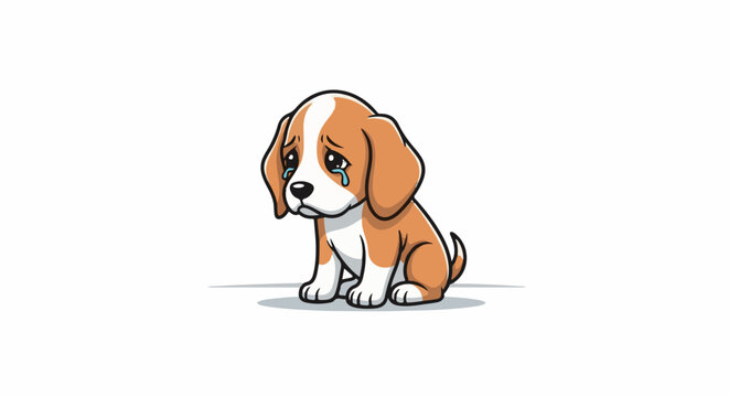 Sad beagle puppy sits with tearful eyes, feeling lonely and distressed