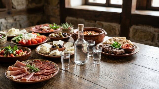 Traditional Balkan rakia with assorted meze appetizers on a wooden table. Fruit brandy with kebapi and fresh salad. Regional national dishes concept