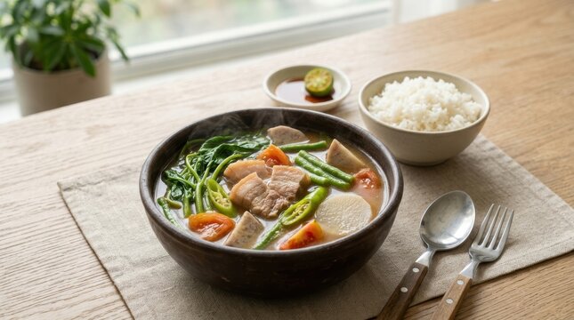 Traditional Filipino Sinigang sour soup with pork and vegetables. Authentic national dish of the Philippines served with white rice. Savory Asian cuisine