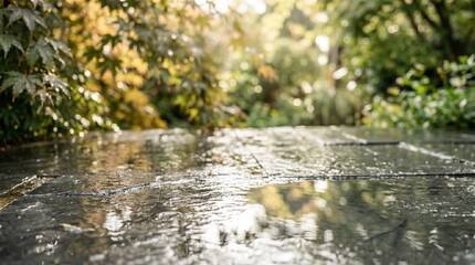 Fototapeta premium Elegant Organic Product Mockup Base on Wet Surface with Blurred Leaves and Natural Light