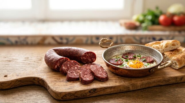 Traditional Turkish breakfast with sucuk sausage and fried egg. Spicy cured beef sausage in a copper pan. Middle Eastern cuisine with flatbread