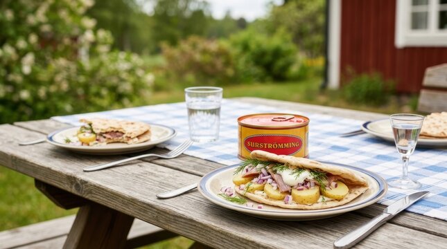 Traditional Swedish surstr&ouml;mming fermented herring meal. Open faced sandwiches with potatoes and onions on a picnic table. Scandinavian summer food culture