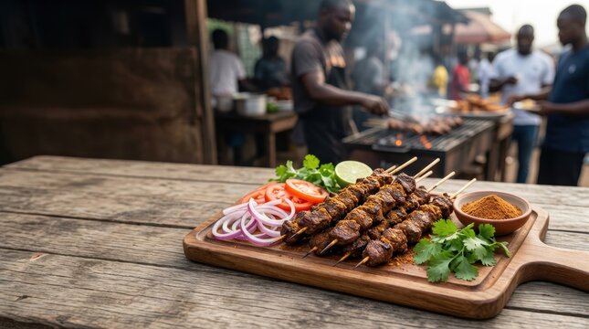 Suya spicy grilled meat skewers on a wooden board. Traditional West African street food with onions and tomatoes. Authentic beef kebab with peanut spice rub