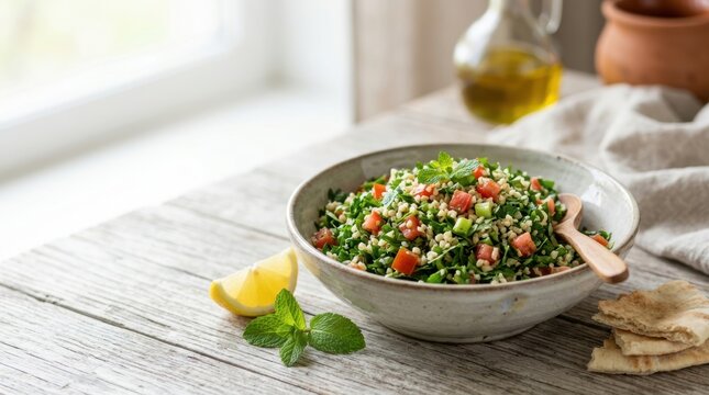 Fresh tabbouleh salad with parsley and bulgur wheat. Traditional Middle Eastern vegetarian dish served with pita bread and lemon. Healthy Mediterranean cuisine