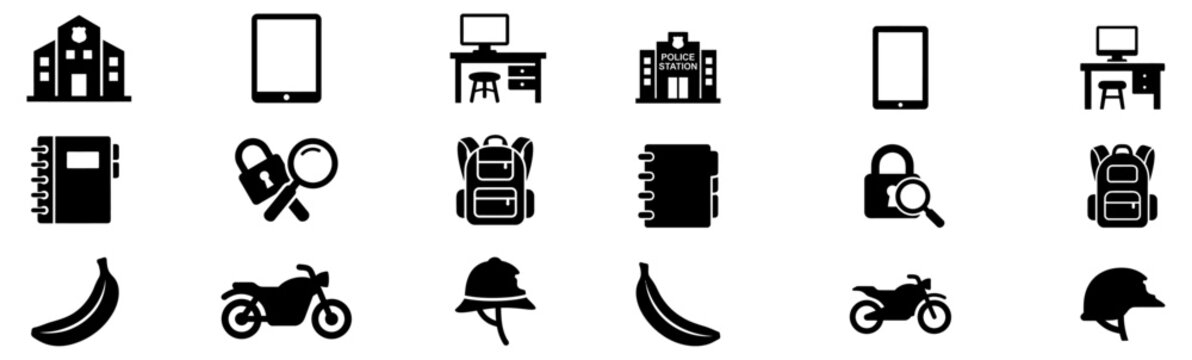 A collection of black silhouette icons depicting a police station tablet desk with computer notepad backpack lock with magnifying glass motorcycle banana and helmet graphic