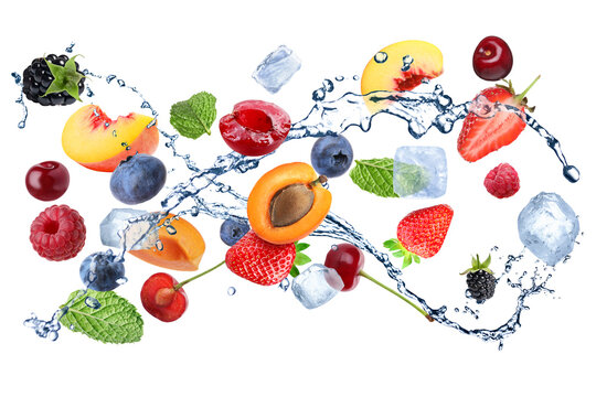 Fresh fruits, water splash and ice cubes in air against white background