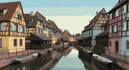 Fototapeta premium Quaint European canal lined with colorful half-timbered houses and boats
