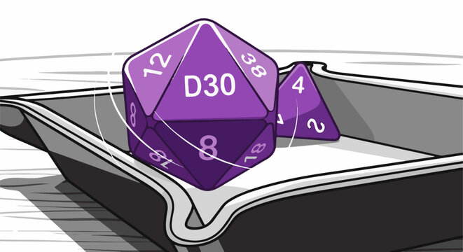Purple polyhedral dice in a grey tray with stylized streaks