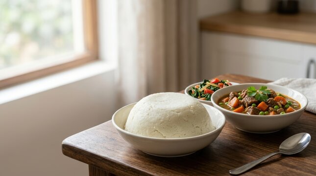 Traditional African ugali with beef stew and greens. Maize porridge served with meat and vegetables. Authentic Kenyan and Tanzanian national dish