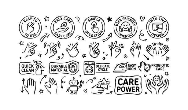 Detailed fabric care and textile handling doodle icon set, including easy-to-use, quick clean, and durable material symbols.