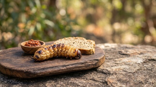 Cooked witchetty grub on a wooden board. Traditional Australian bush tucker with bread and dipping sauce. Edible insect larva on a rock in the outback